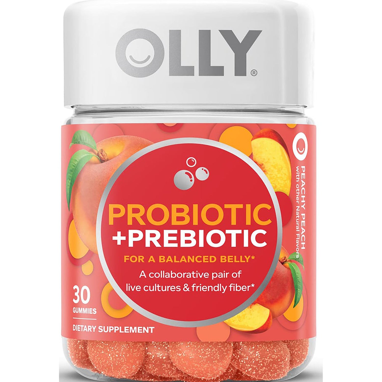 OLY004 | OLLY probiotic + prebiotic peach gummies bottle labeled PROBIOTIC + PREBIOTIC, 30 gummies
