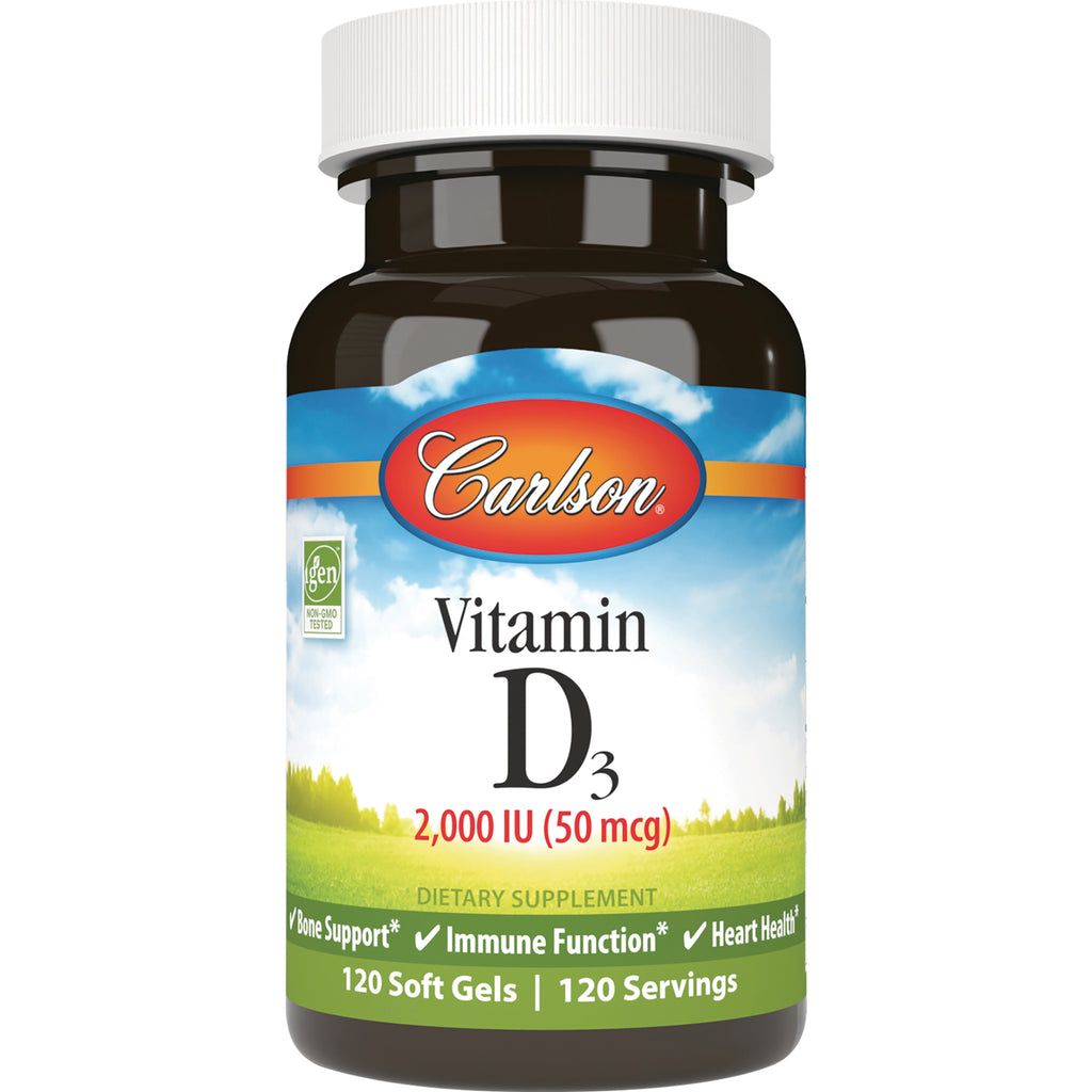 CSN025 | Carlson Vitamin D3 2,000 IU (50 mcg) dietary supplement bottle, 120 soft gels front label - Thumbnail