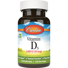 CSN025 | Carlson Vitamin D3 2,000 IU (50 mcg) dietary supplement bottle, 120 soft gels front label