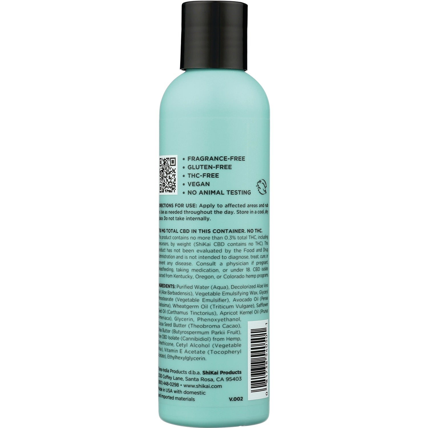 SHK058 | Back of teal bottle showing ingredients, claims FRAGRANCE-FREE GLUTEN-FREE THC-FREE VEGAN NO ANIMAL TESTING and barcode