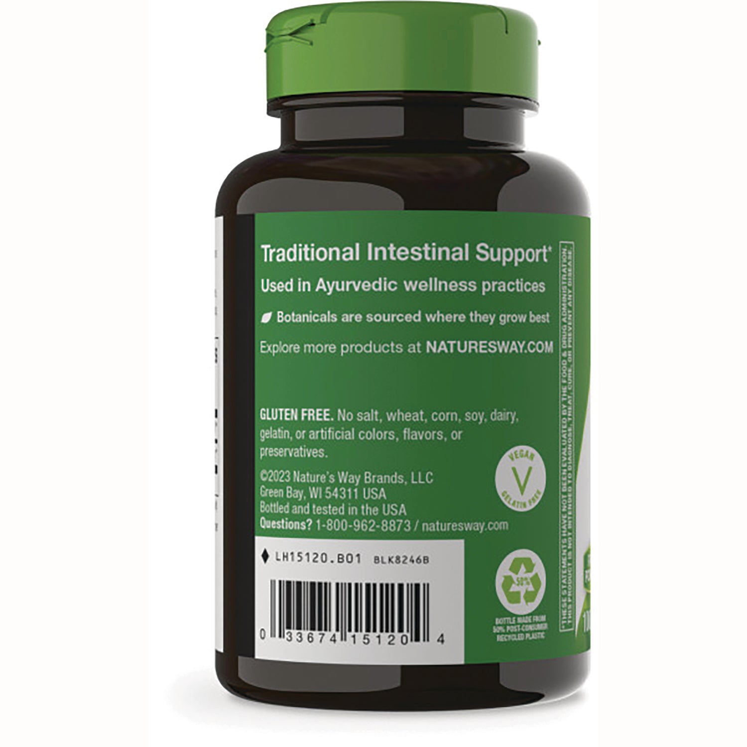 NW867 | back of green supplement bottle label reading Traditional Intestinal Support, gluten free, barcode visible