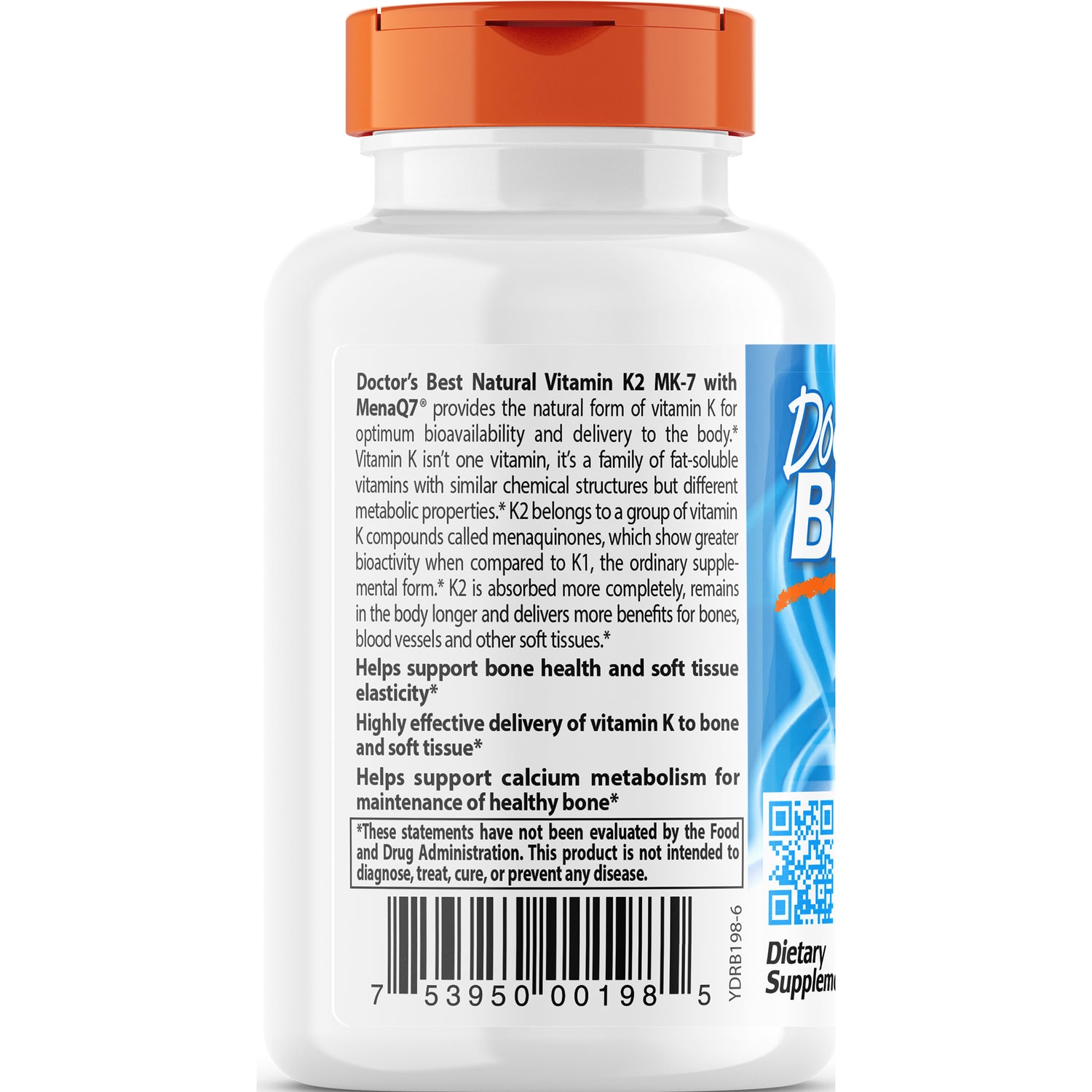 DB164 | back label of white supplement bottle showing Vitamin K2 benefits text, barcode and QR code