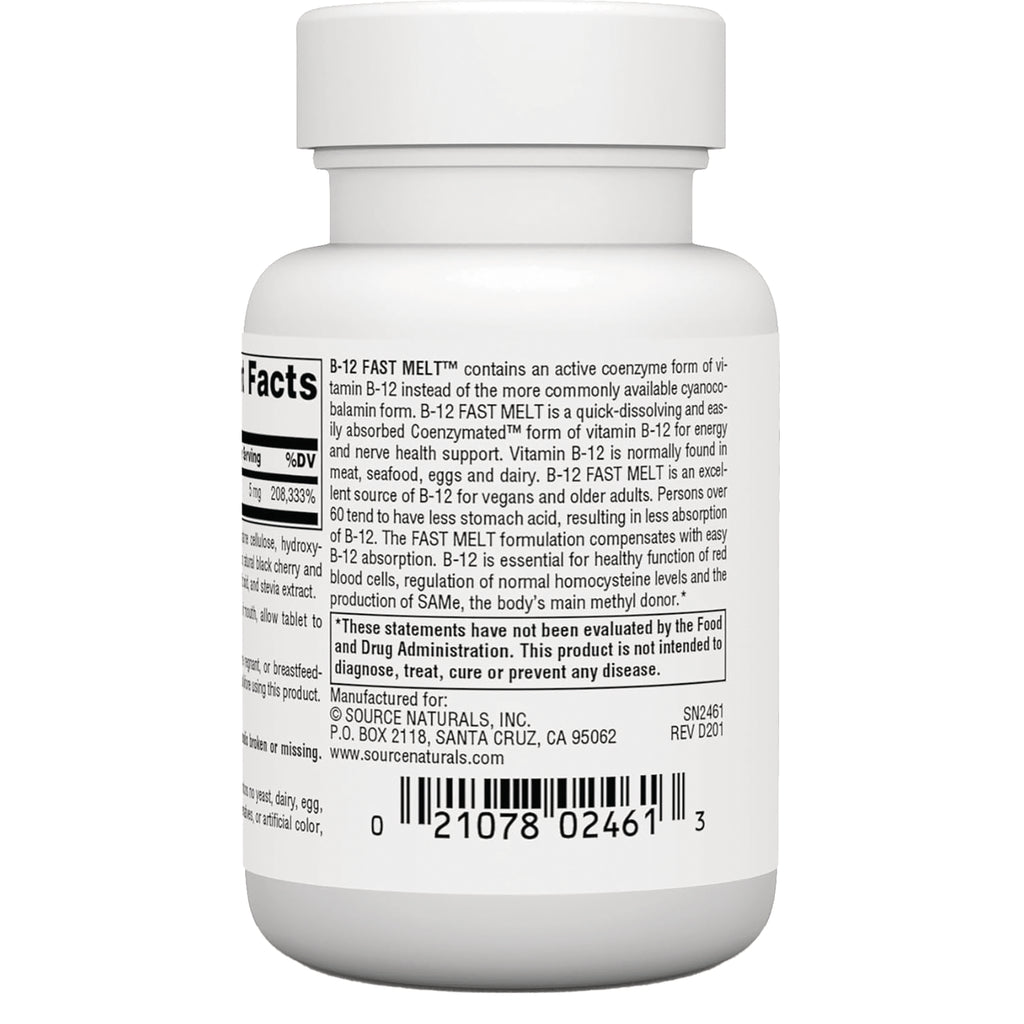 SN510 | Back label with Supplement Facts, product information, and barcode for Source Naturals B-12 Fast Melt - Thumbnail