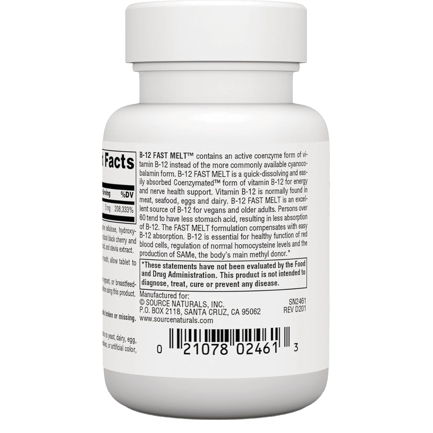 SN510 | Back label with Supplement Facts, product information, and barcode for Source Naturals B-12 Fast Melt