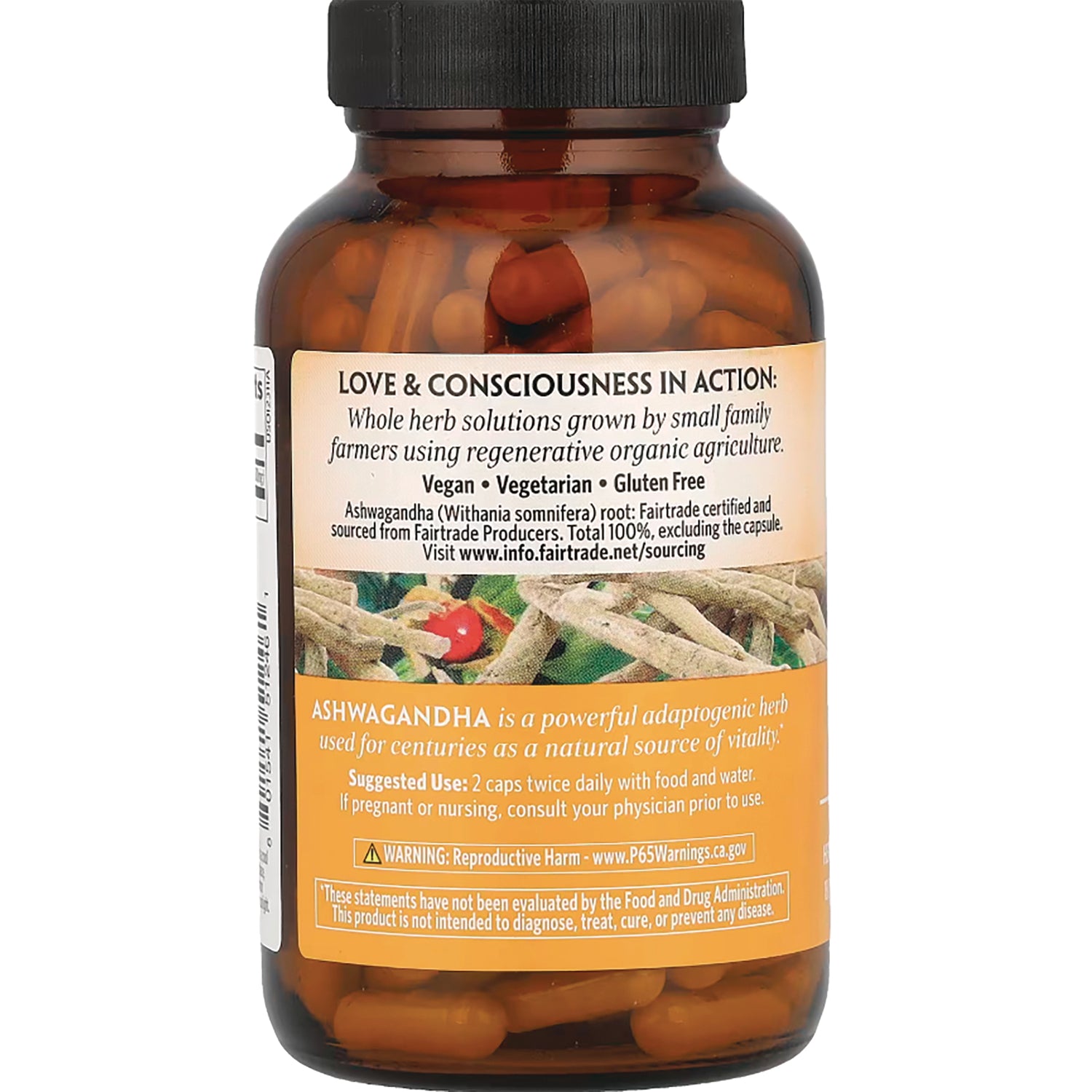 RGN077 | bottle back label showing ashwagandha capsules, vegan vegetarian gluten free, suggested use and warning