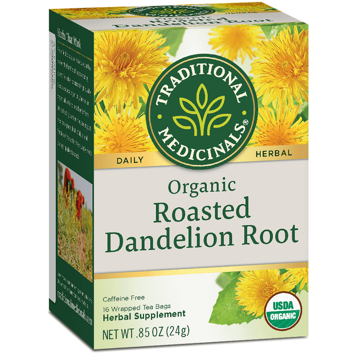TMD003 | Traditional Medicinals Organic Roasted Dandelion Root tea box, USDA Organic, 16 wrapped bags, caffeine free