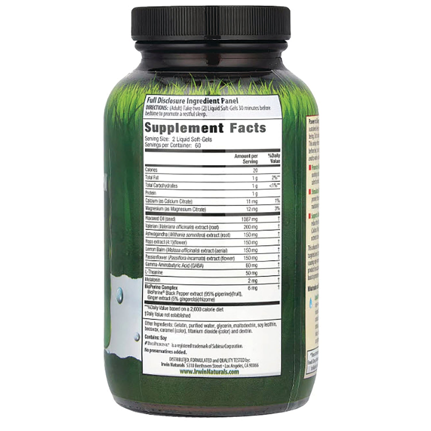 IR094 | back of green supplement bottle showing Supplement Facts panel and ingredient list