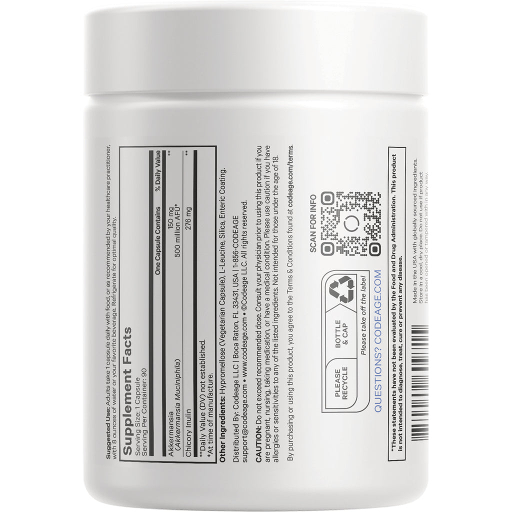 CDG005 | back of white supplement bottle showing Supplement Facts panel, QR code, barcode, and recycling symbols - Thumbnail