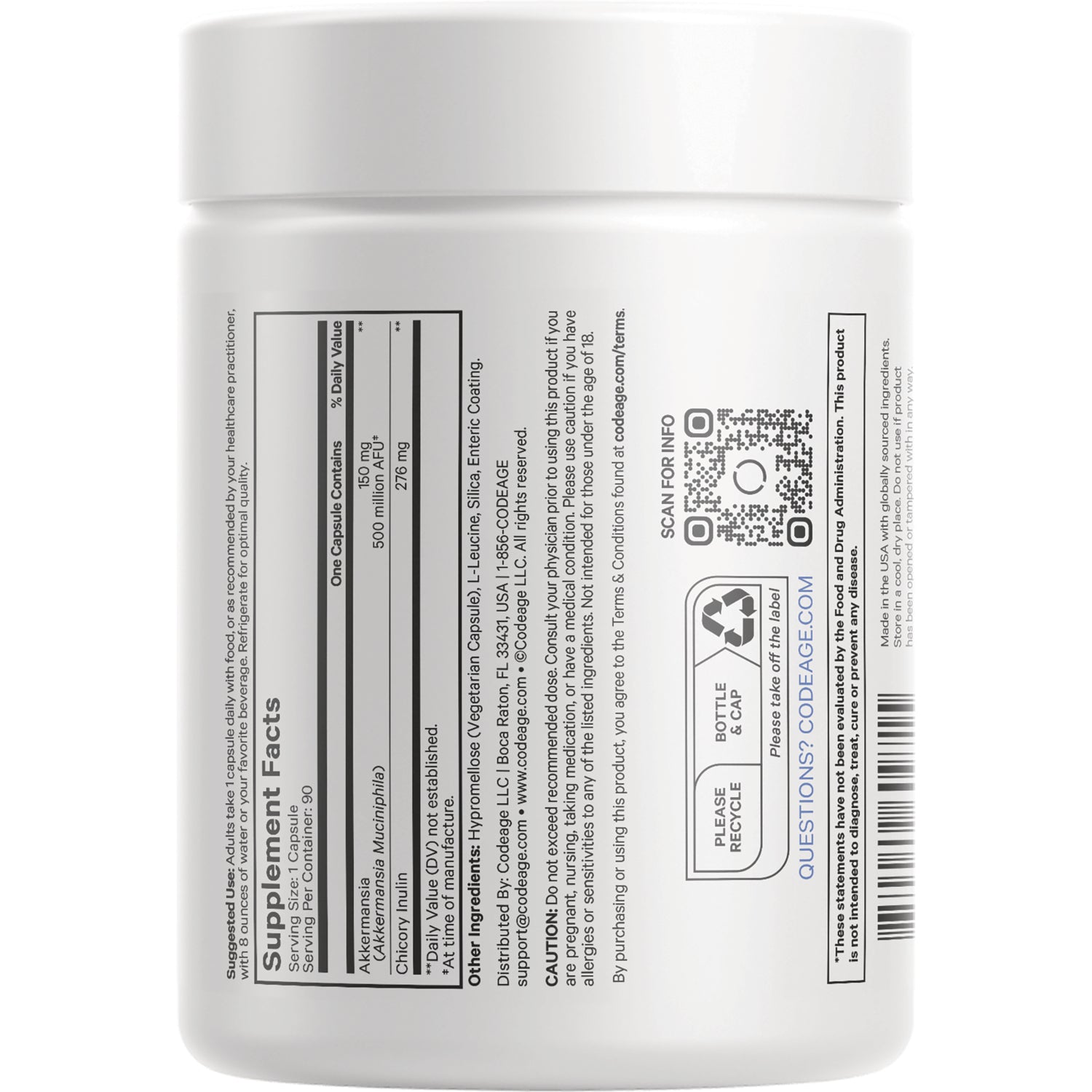 CDG005 | back of white supplement bottle showing Supplement Facts panel, QR code, barcode, and recycling symbols