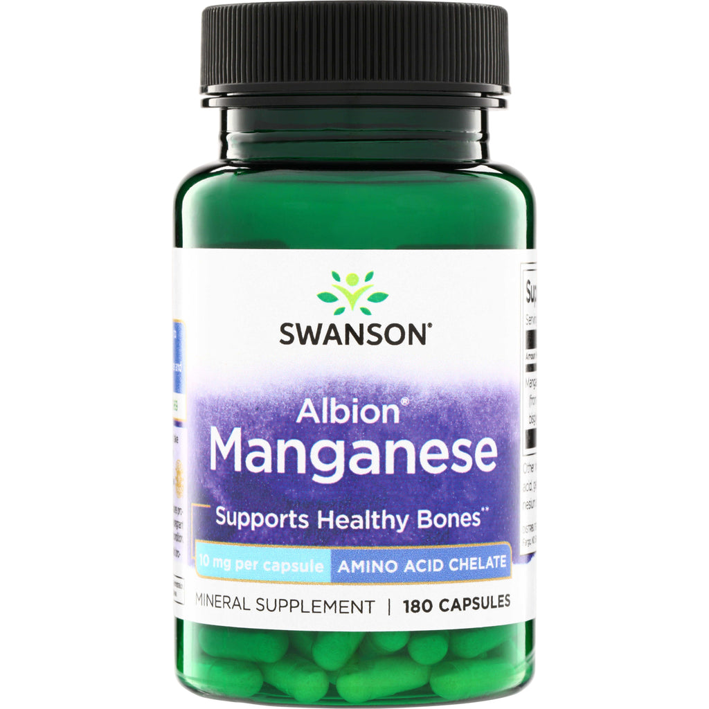 SWU536 | Swanson Albion Manganese, 10 mg per capsule amino acid chelate, mineral supplement, 180 capsules - Thumbnail