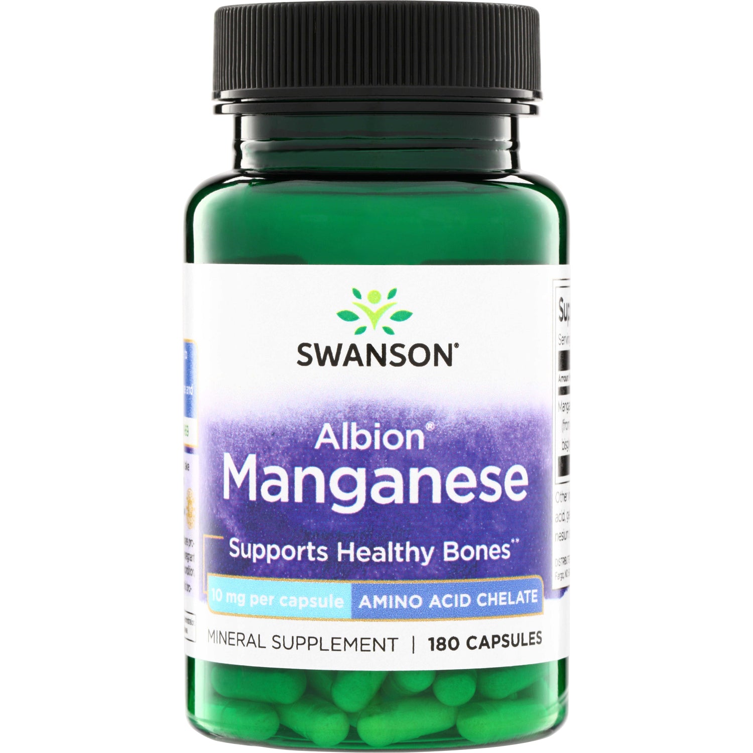 SWU536 | Swanson Albion Manganese, 10 mg per capsule amino acid chelate, mineral supplement, 180 capsules