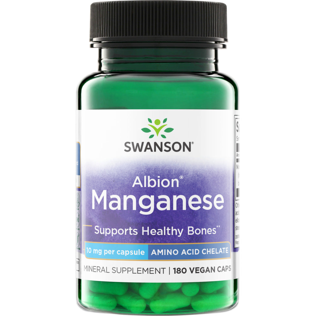 SWU536 | Swanson Albion Manganese, 10 mg per capsule amino acid chelate, mineral supplement, 180 capsules - Thumbnail