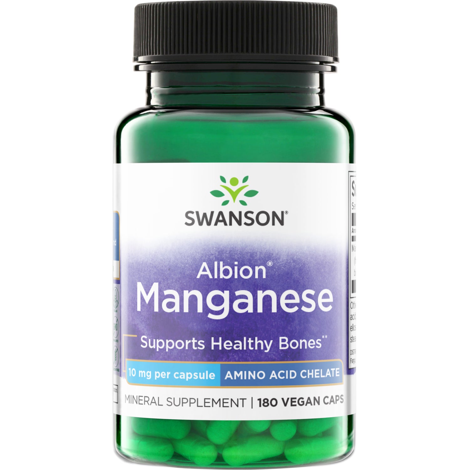 SWU536 | Swanson Albion Manganese, 10 mg per capsule amino acid chelate, mineral supplement, 180 capsules