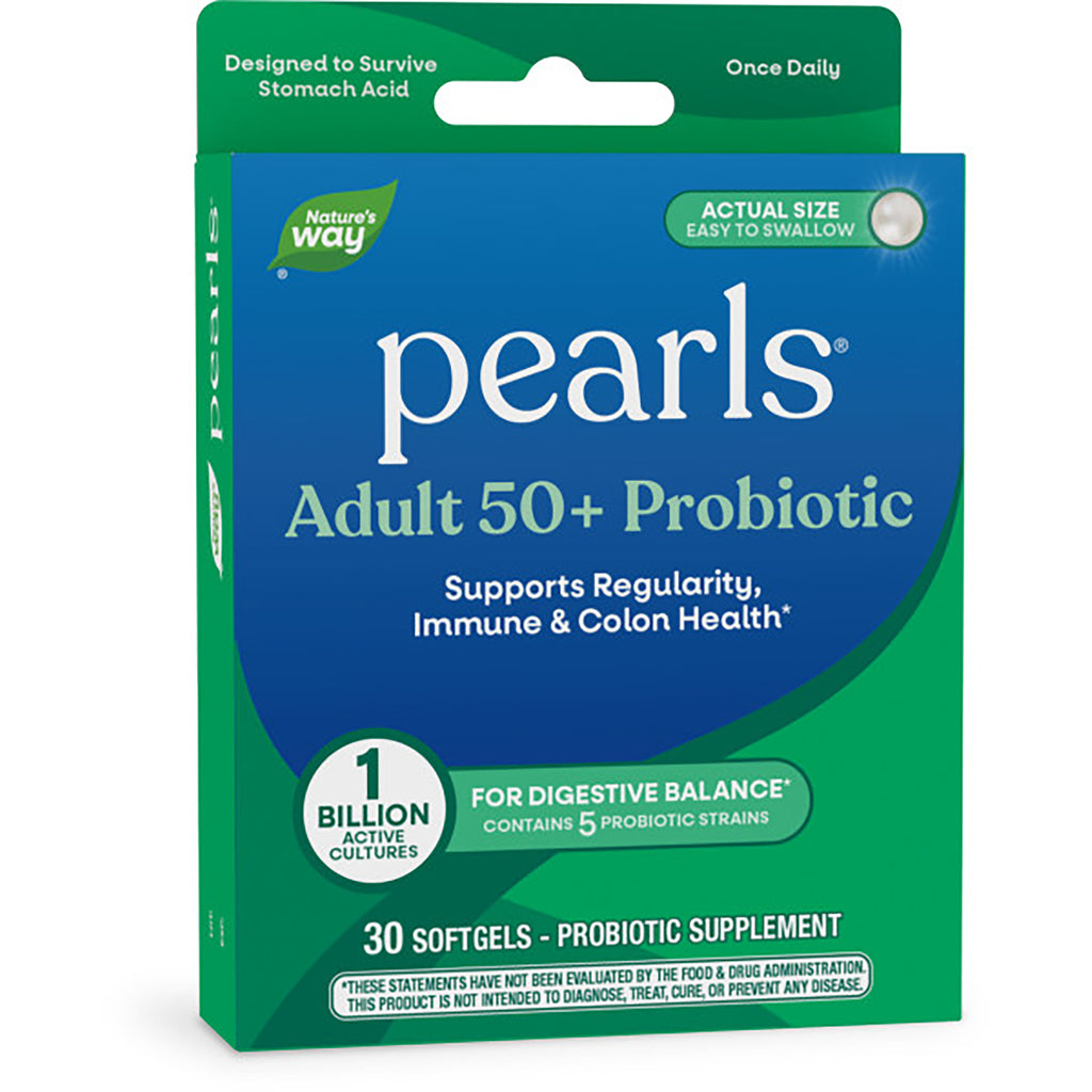Nature's Way ADULT 50+ PROBIOTIC box front showing pearls easy to swallow and 30 softgels - Thumbnail