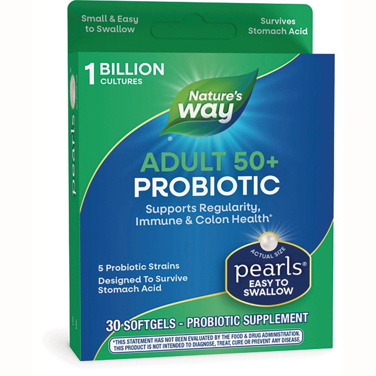 Nature's Way ADULT 50+ PROBIOTIC box front showing pearls easy to swallow and 30 softgels