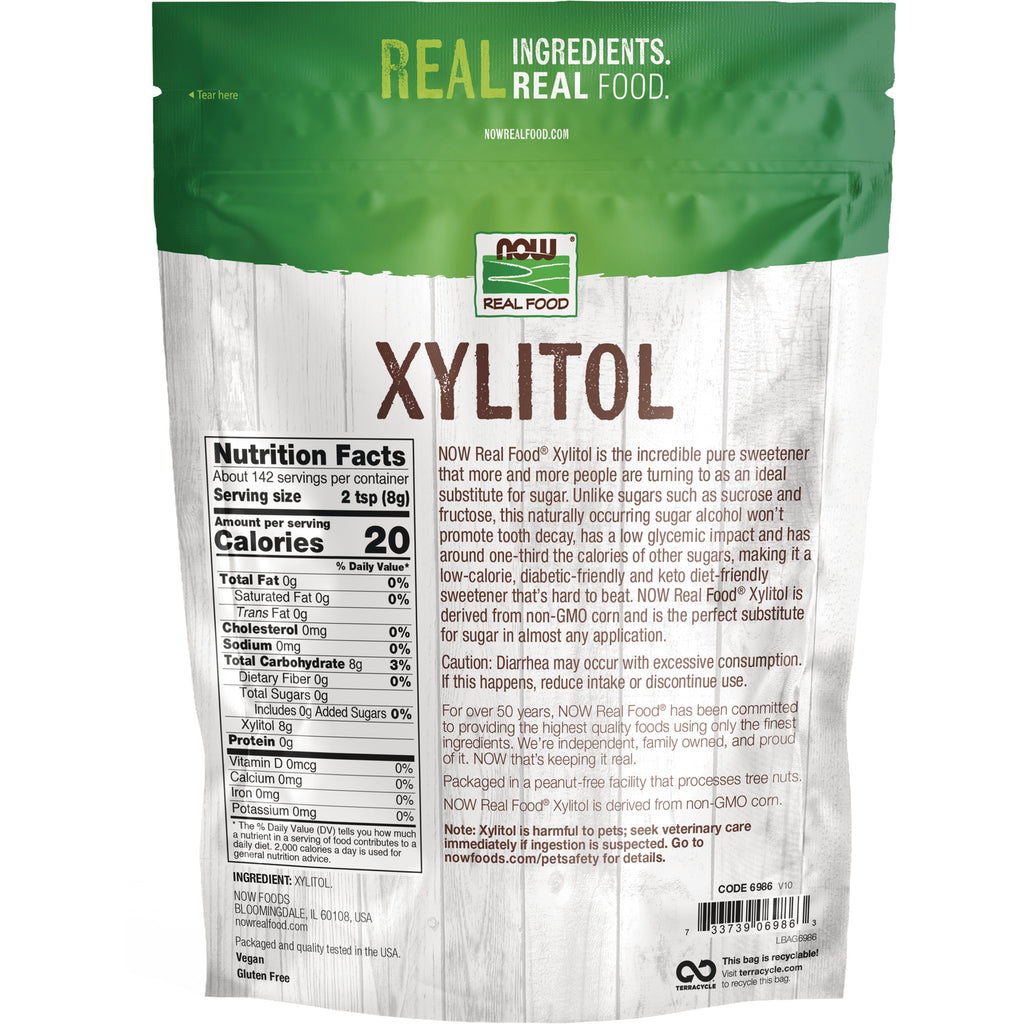NWF112 | Back of NOW Real Food Xylitol pouch showing nutrition facts panel, product description and barcode - Thumbnail