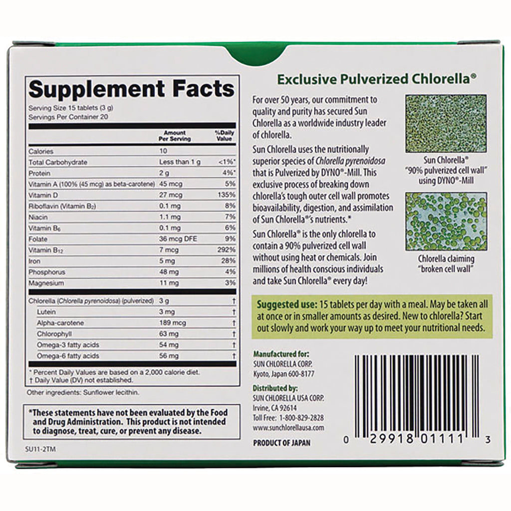 SU008 | Back of Sun Chlorella box showing Supplement Facts, usage directions, and barcode - Thumbnail