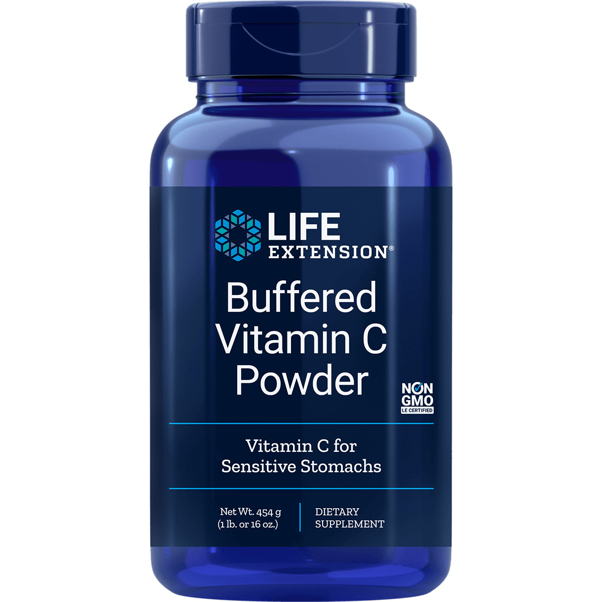 LE322 | Life Extension Buffered Vitamin C Powder front label, 454 g, non GMO