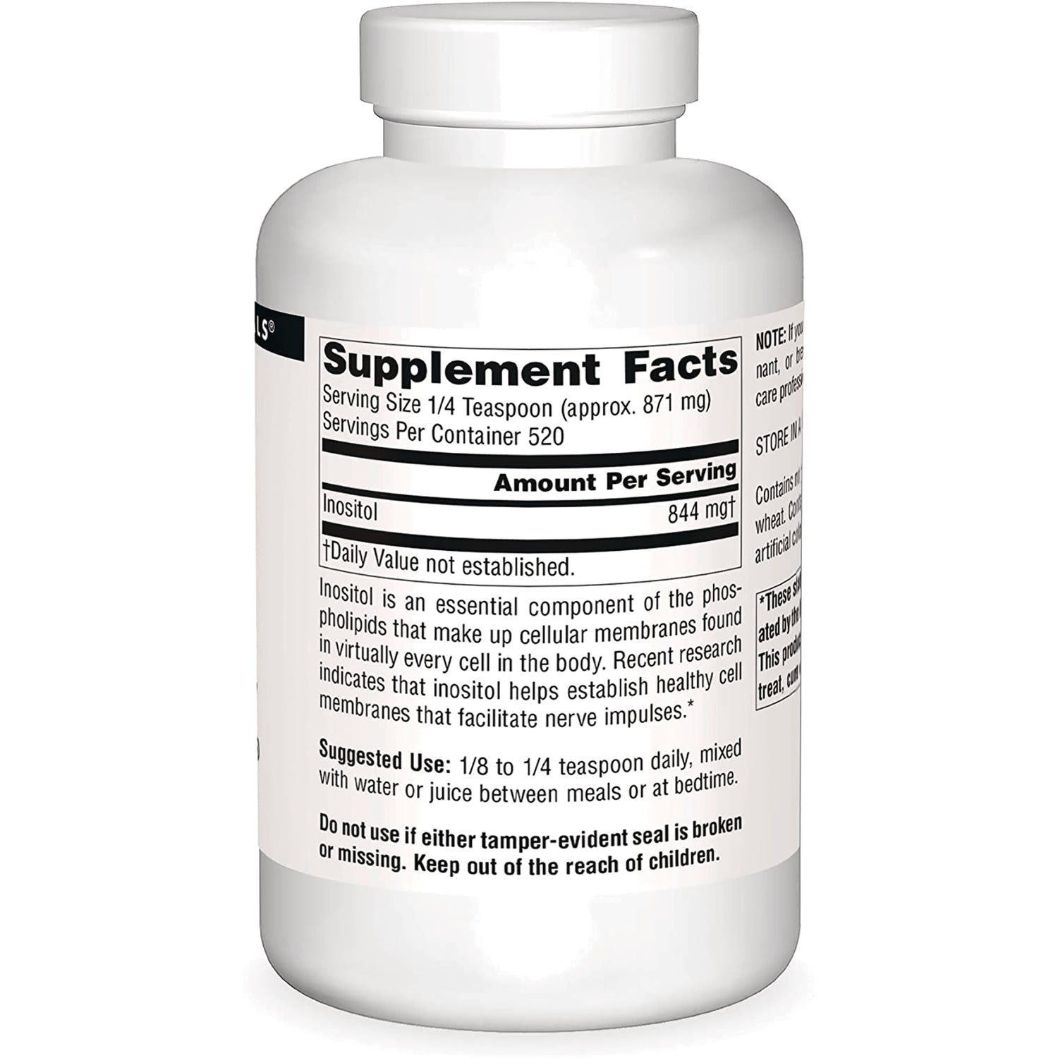 SN799 | Back label with Supplement Facts, serving size 1/4 teaspoon, inositol 844 mg, and suggested use