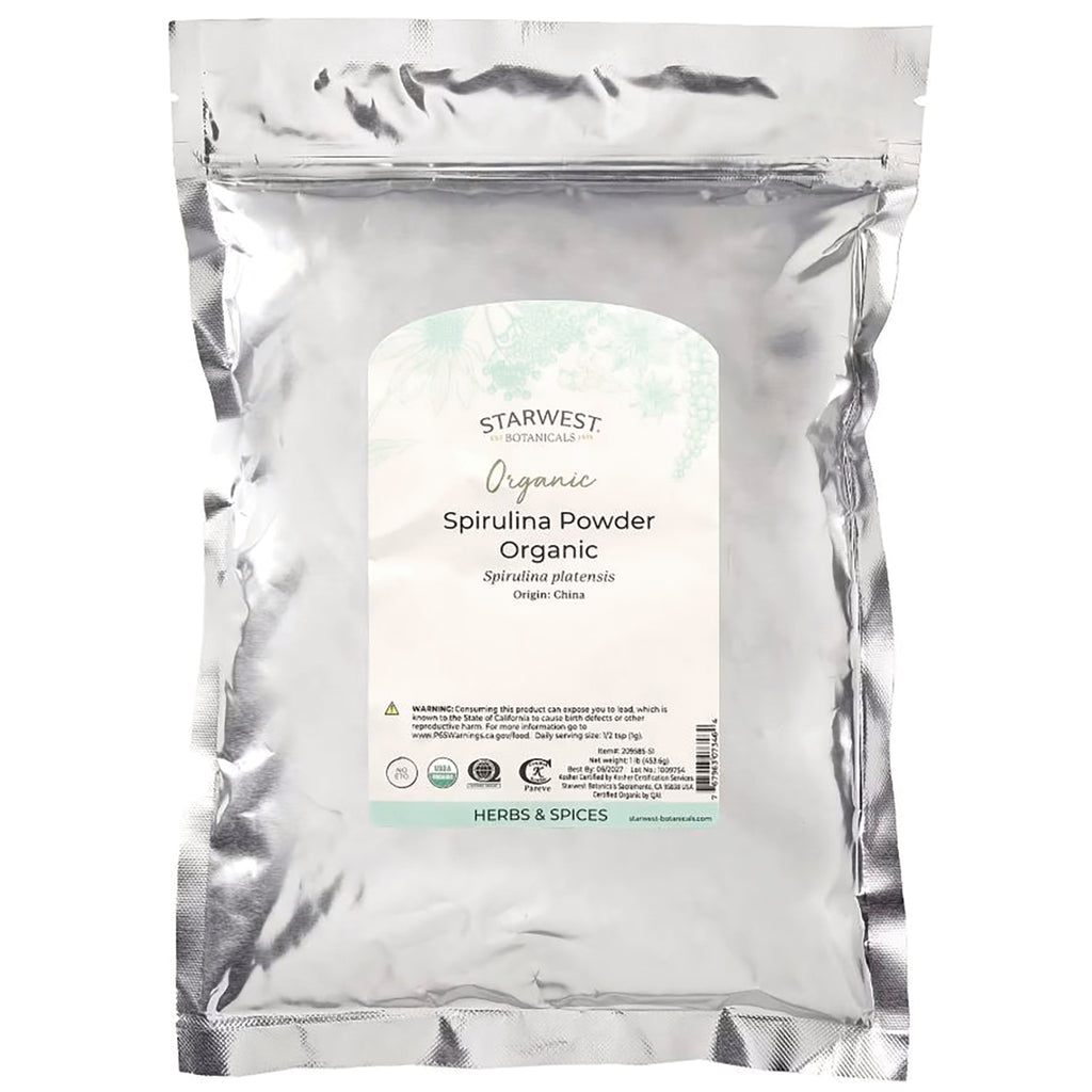 STB006 | Starwest Botanicals Organic Spirulina Powder, silver resealable pouch front - Thumbnail