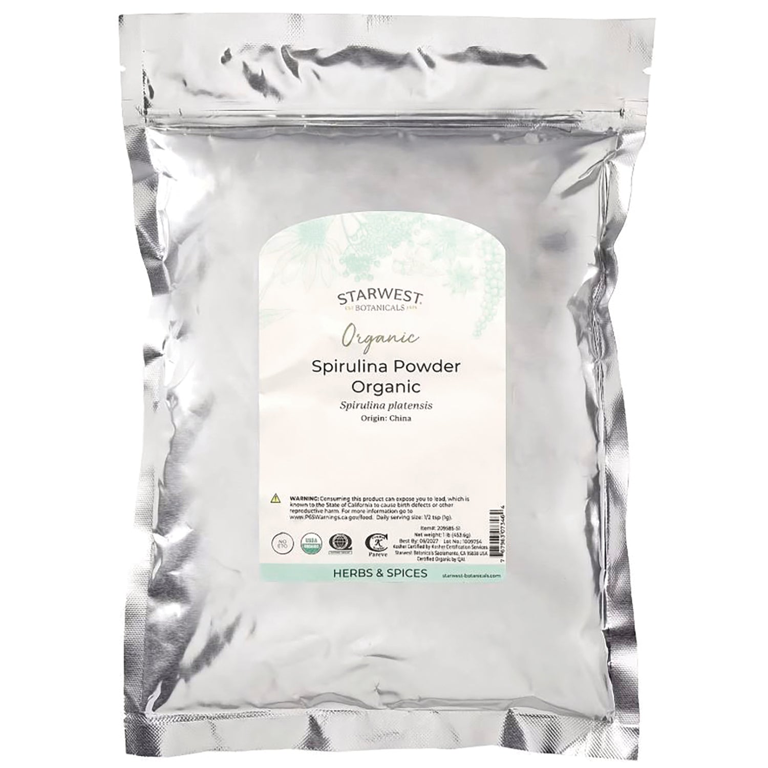 STB006 | Starwest Botanicals Organic Spirulina Powder, silver resealable pouch front