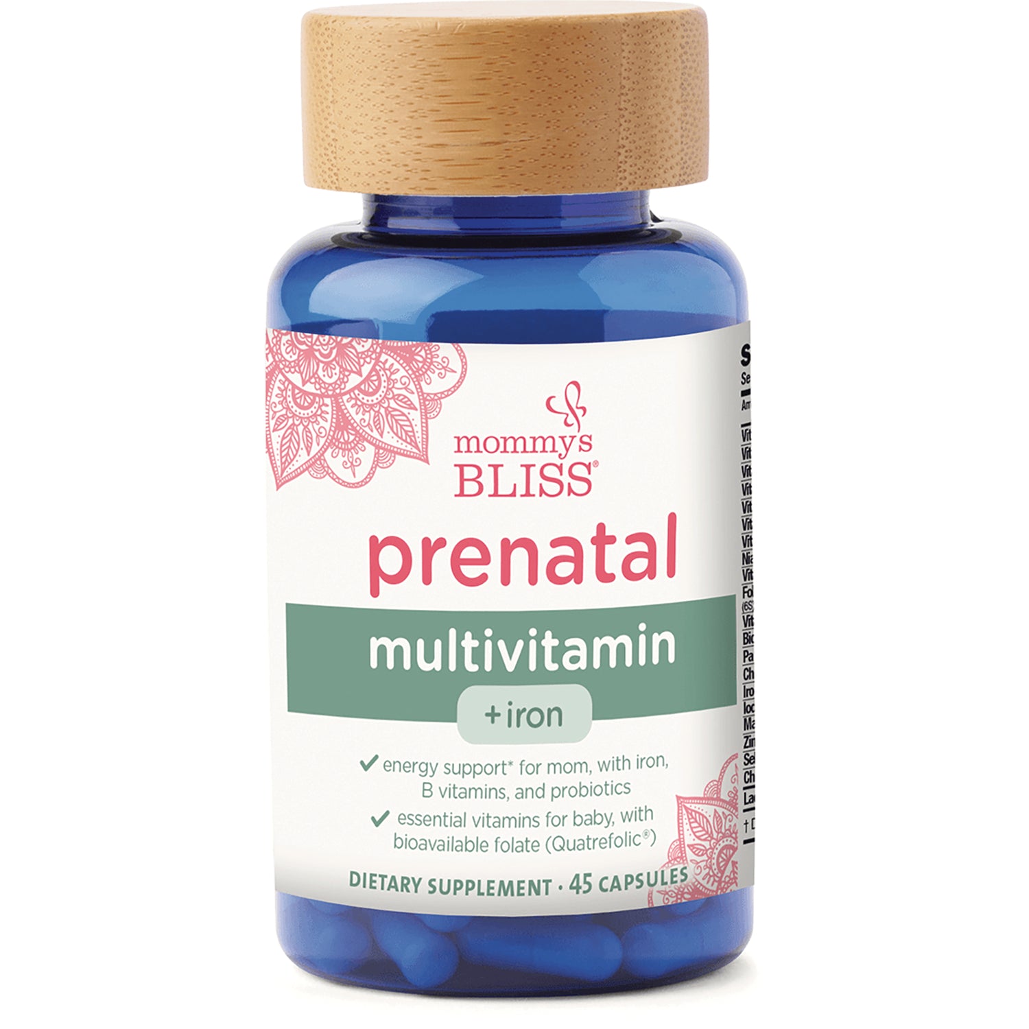 MMB007 | Blue bottle labeled mommys BLISS prenatal multivitamin + iron, 45 capsules