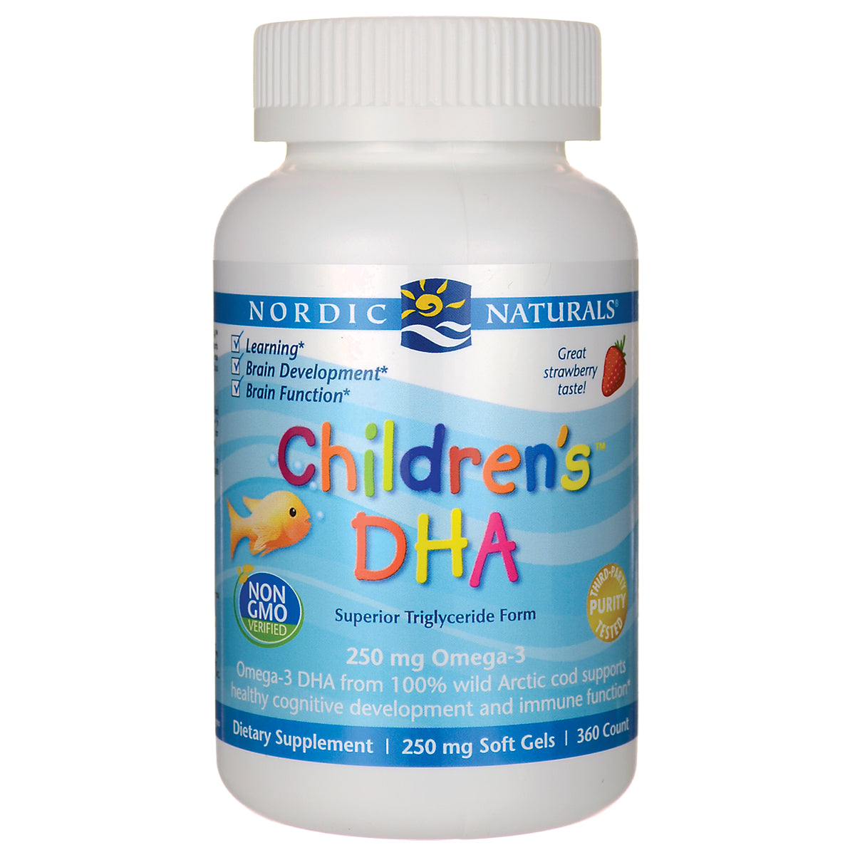 NRN019 | Nordic Naturals Children's DHA white bottle with blue label, 250 mg Omega-3 soft gels, strawberry taste