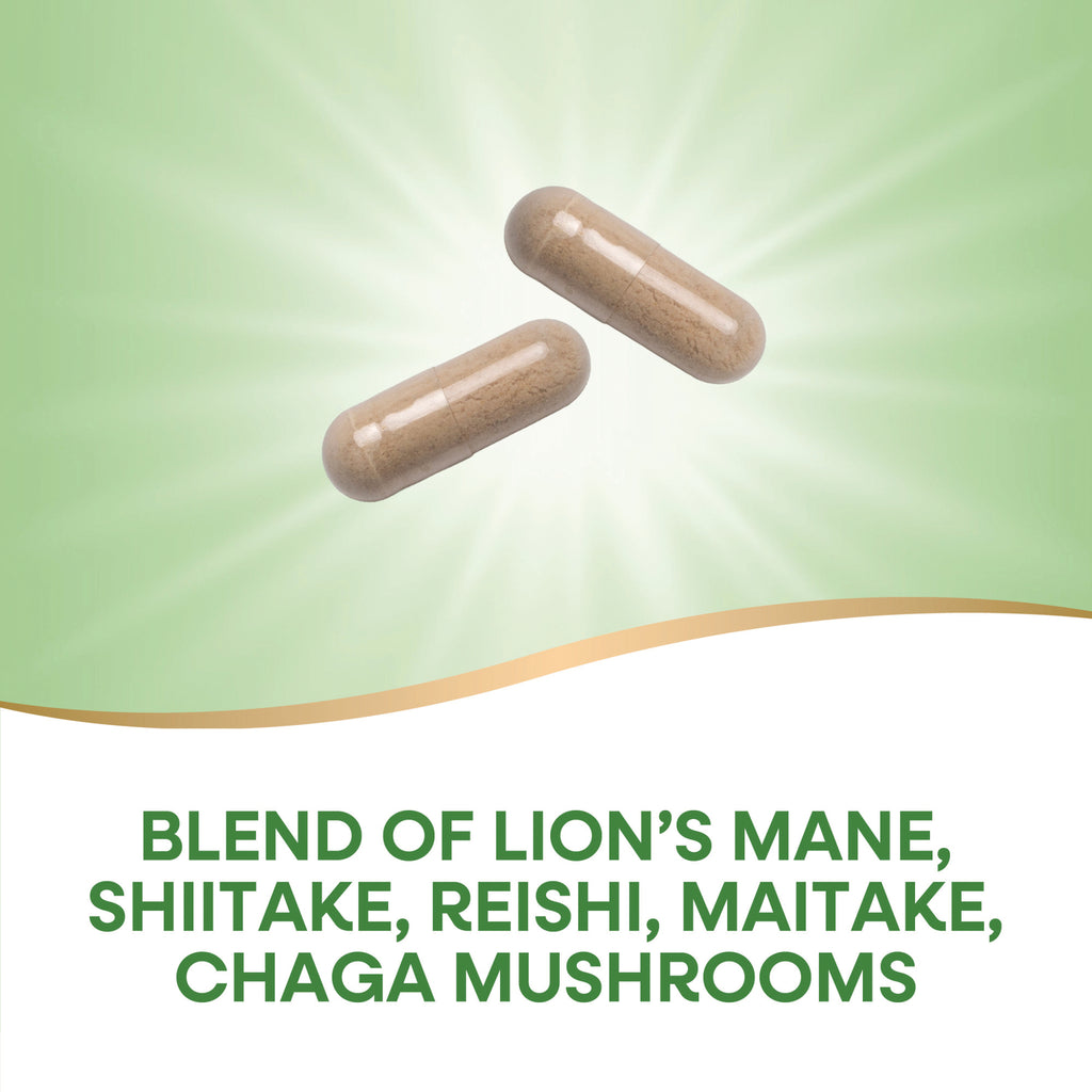 NW1073 | Two beige capsules on green background with text BLEND OF LION'S MANE, SHIITAKE, REISHI, MAITAKE, CHAGA - Thumbnail