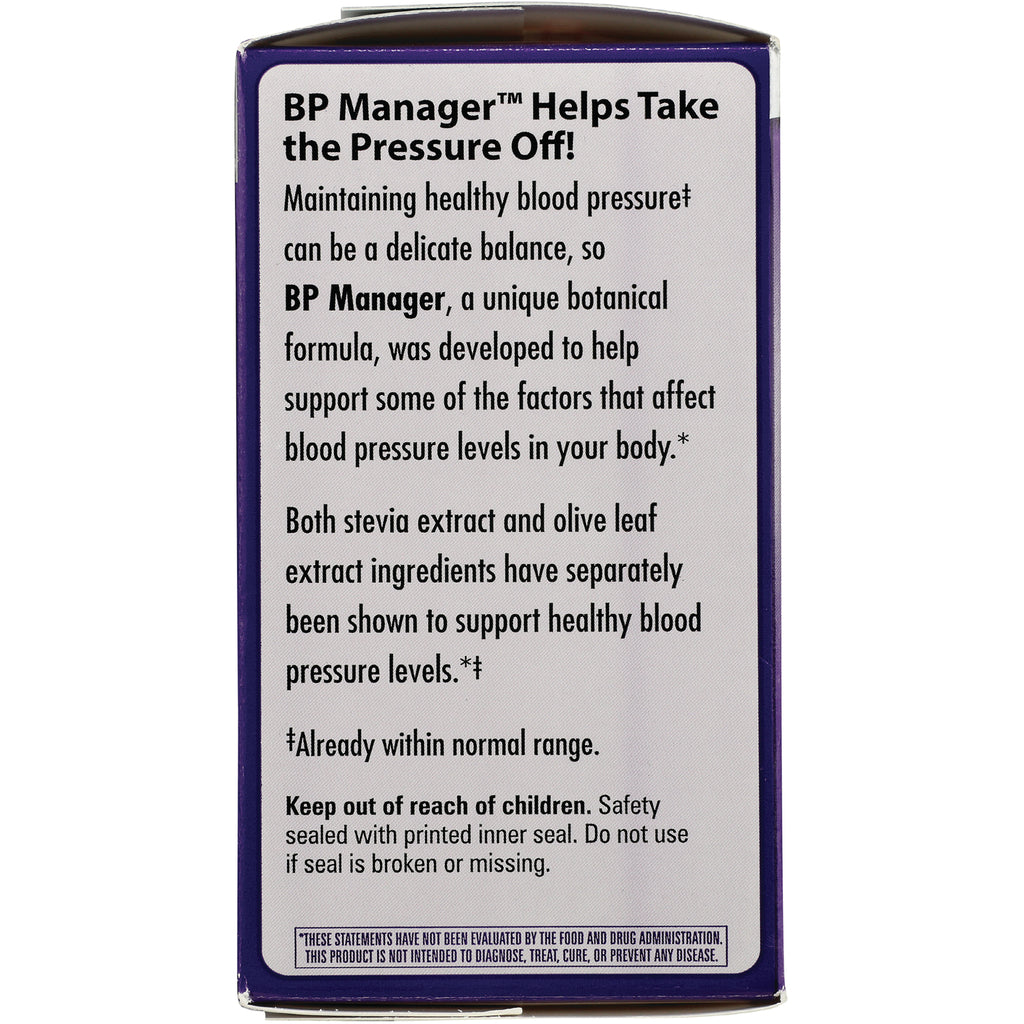 ET302 | Back of purple product box labeled BP Manager with description, stevia and olive leaf ingredients, safety warning keep out of reach of children - Thumbnail