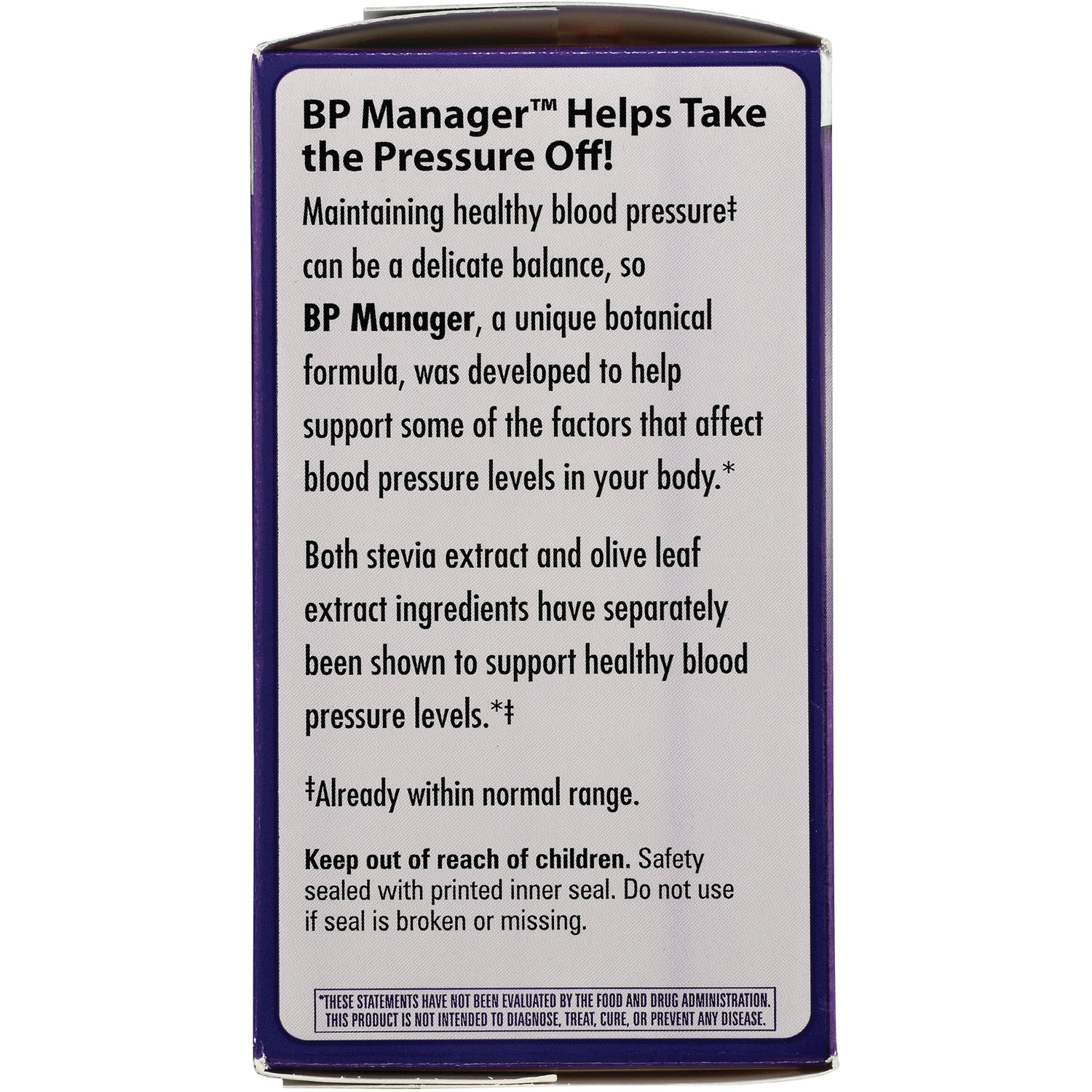 ET302 | Back of purple product box labeled BP Manager with description, stevia and olive leaf ingredients, safety warning keep out of reach of children