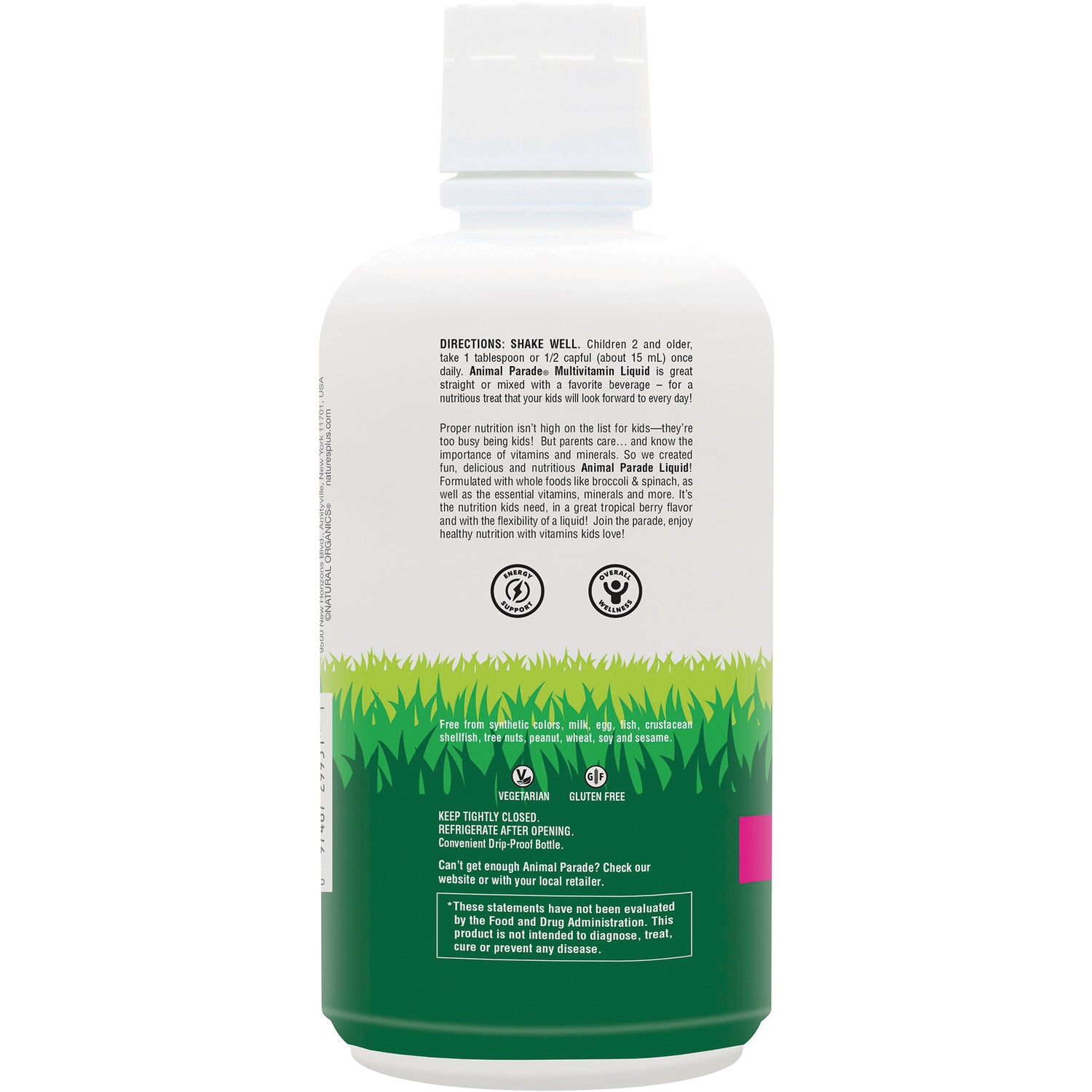 NTP050 | Back of white and green supplement bottle showing Directions SHAKE WELL text, icons, and storage instructions