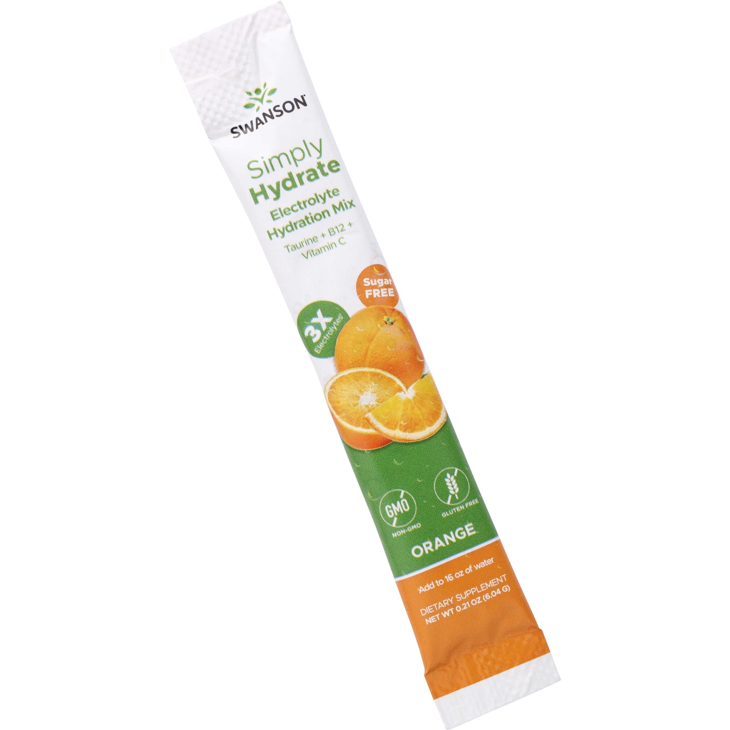 SW1941 A promotional image for Swanson's Simply Hydrate Electrolyte Hydration Mix features a white tube with green and orange accents, positioned at an angle with the top slightly tilted to the right. The tube displays the product name, key benefits such as '3X electrolytes' and 'sugar free,' and icons indicating non-GMO, gluten-free, vegan, and zero calorie. To the left of the tube, there is a fresh orange slice and a halved orange, emphasizing the citrus flavor.
