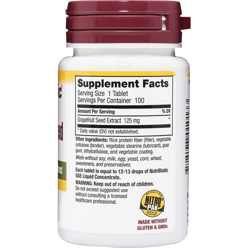 NUB002 | back label showing Supplement Facts, grapefruit seed extract 125 mg, ingredients and warning Keep out of reach of children - Thumbnail
