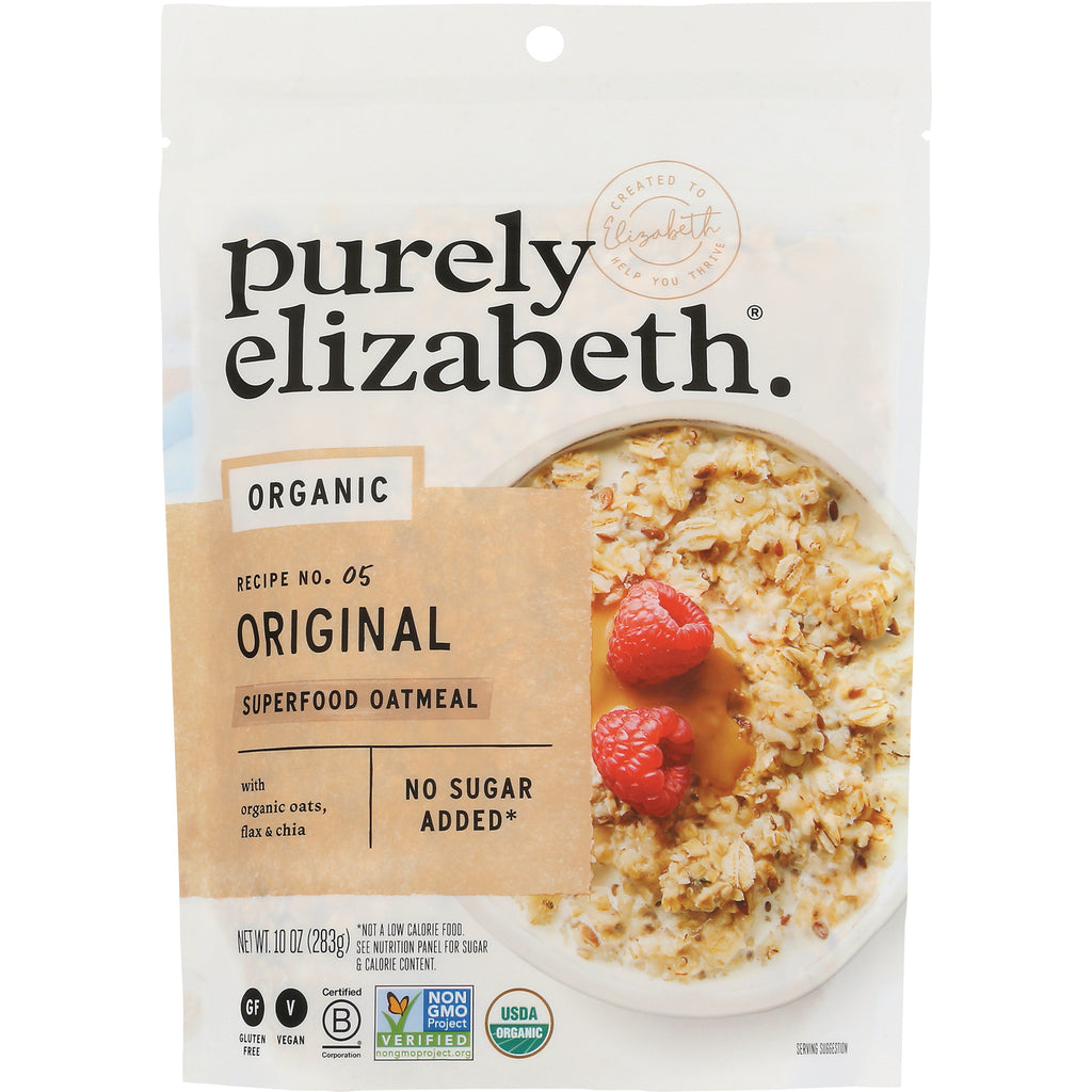 PLZ005 | Purely Elizabeth Original organic superfood oatmeal pouch with bowl of oatmeal and raspberries, No Sugar Added label - Thumbnail