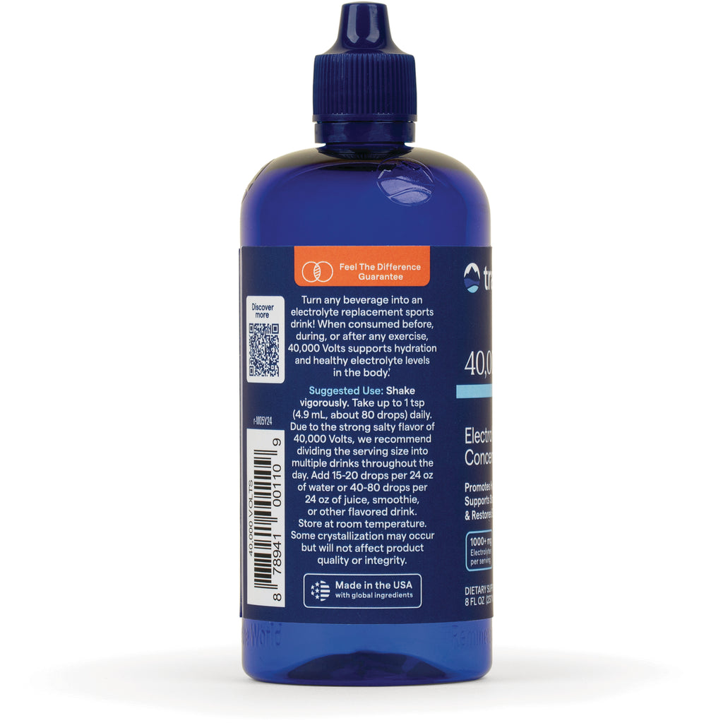 TM032 | Back of 8 fl oz 40,000 Volts Electrolyte Concentrate with directions, QR code, barcode, and Made in the USA badge - Thumbnail