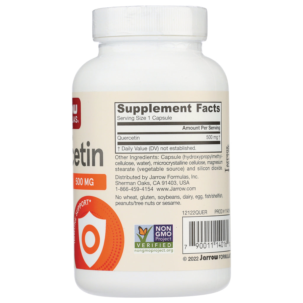 JR038 | Back of white supplement bottle showing Supplement Facts for quercetin 500 mg, ingredients, Non-GMO badge and barcode - Thumbnail