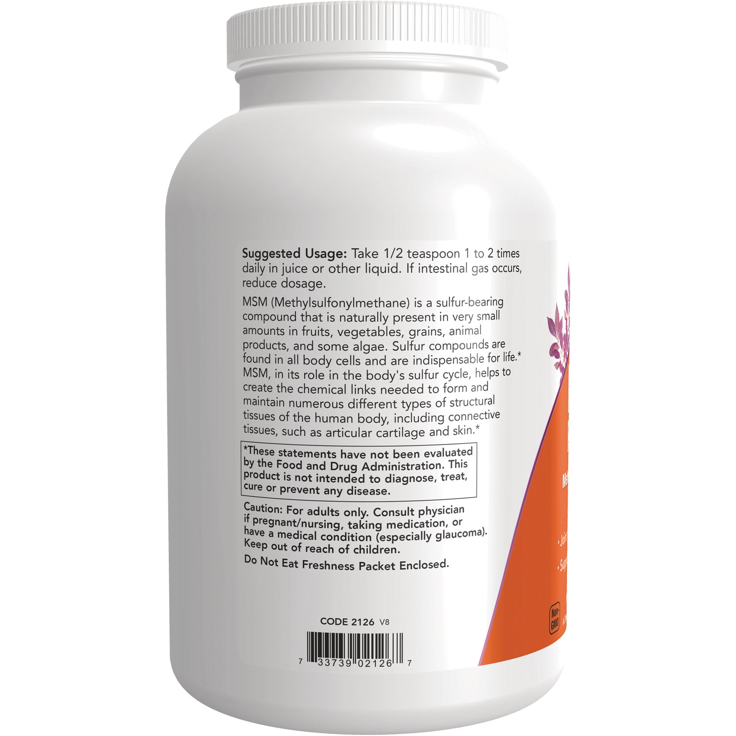NWF197 | back label of white supplement bottle showing suggested usage, caution, and barcode