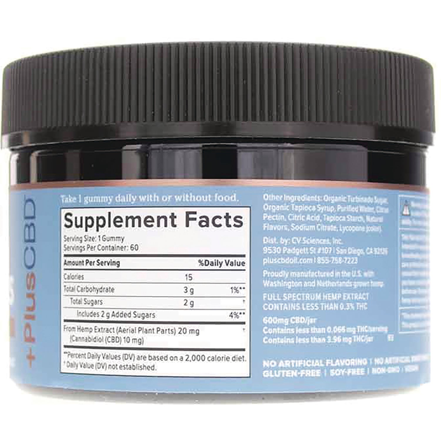 CV023 | back label of blue supplement jar showing Supplement Facts panel and ingredient text
