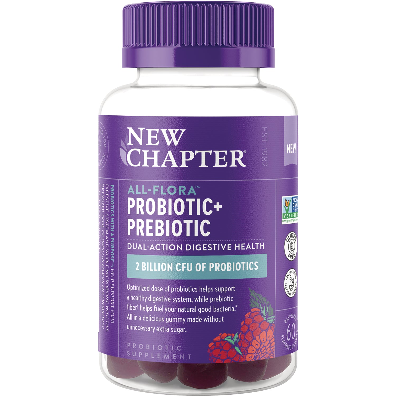 NWC378 | New Chapter All-Flora Probiotic+ Prebiotic gummy supplement bottle with purple label reading 2 billion CFU of probiotics