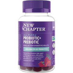 NWC378 | New Chapter All-Flora Probiotic+ Prebiotic gummy supplement bottle with purple label reading 2 billion CFU of probiotics