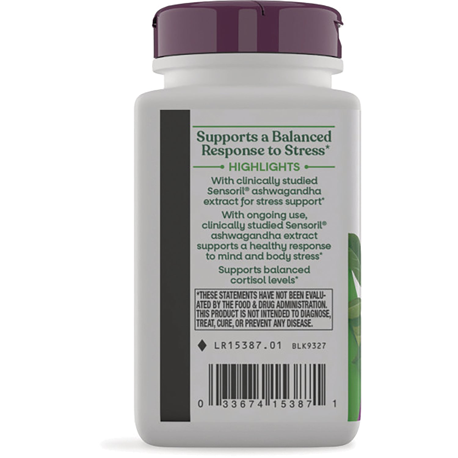 NW783 | back label of supplement bottle showing Supports a Balanced Response to Stress highlights and barcode