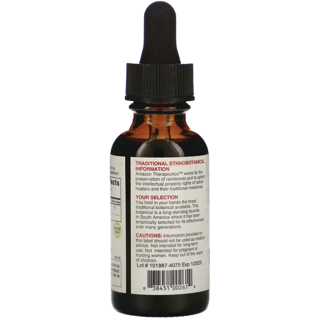 AMT010 | Back label on Amazon Therapeutics dropper bottle with traditional ethnobotanical info, cautions, and barcode - Thumbnail