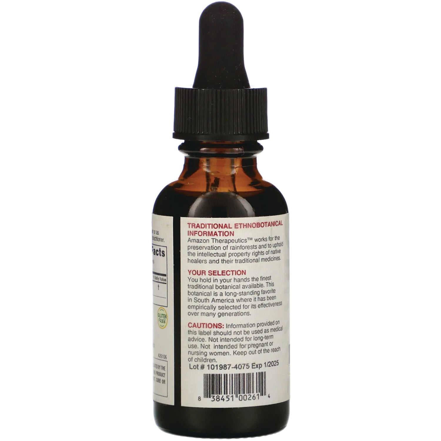 AMT010 | Back label on Amazon Therapeutics dropper bottle with traditional ethnobotanical info, cautions, and barcode