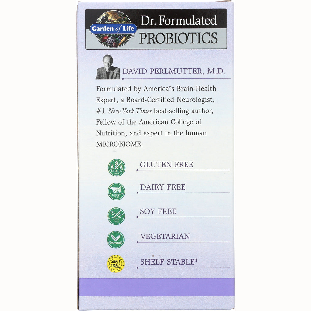 GLF224 | Back of Dr. Formulated Probiotics box with David Perlmutter text and icons: gluten free, dairy free, soy free, vegetarian, shelf stable - Thumbnail