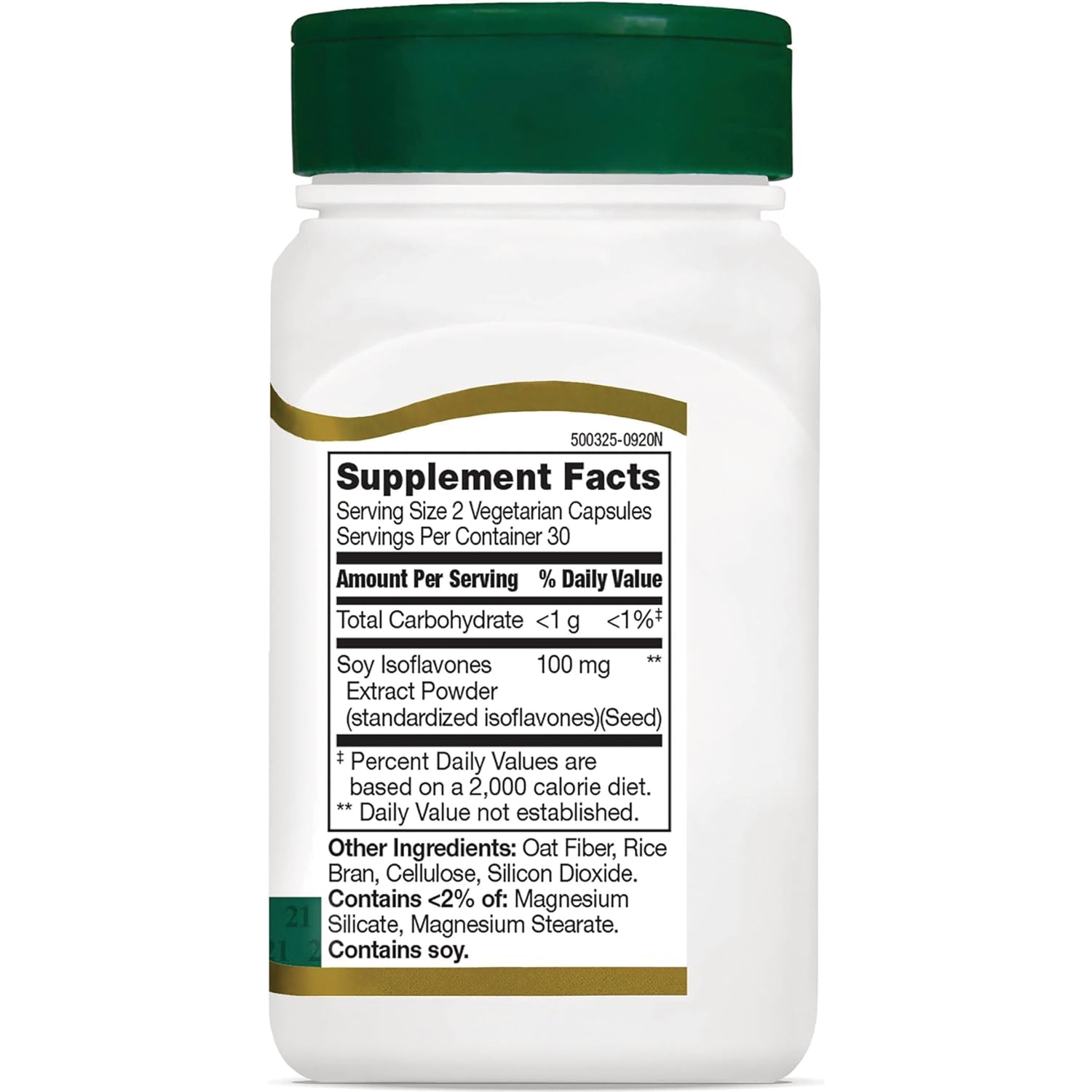 CNT154 | Back of supplement bottle with Supplement Facts label listing serving size 2 vegetarian capsules, Soy Isoflavones 100 mg, contains soy