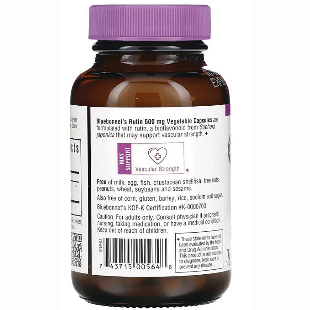 BLU112 | Back label of brown supplement bottle showing Bluebonnet's Rutin 500 mg Vegetable Capsules text, free-from claims and barcode - Thumbnail