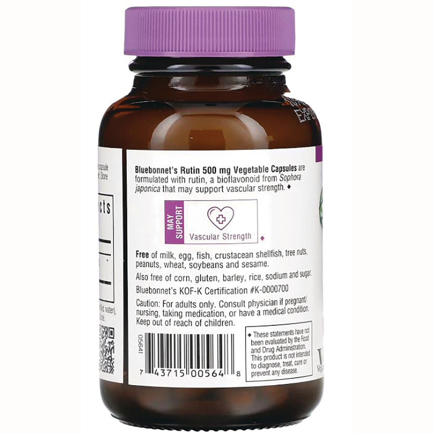 BLU112 | Back label of brown supplement bottle showing Bluebonnet's Rutin 500 mg Vegetable Capsules text, free-from claims and barcode