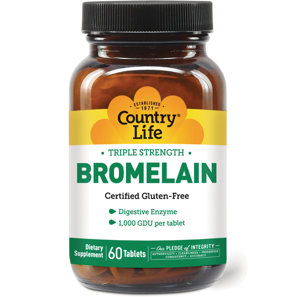 CRL282 | Country Life Triple Strength Bromelain bottle, 60 tablets, certified gluten-free, brown jar with yellow and green label - Thumbnail
