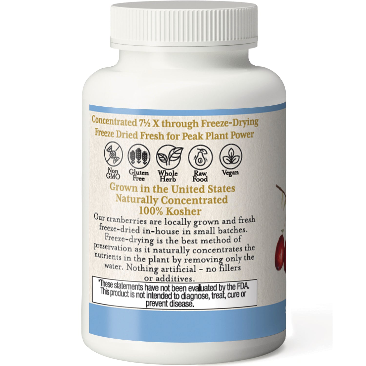 EC025 | back label of supplement bottle with icons Non GMO, Gluten Free, Whole Herb, Raw Food, Vegan and text Grown in the United States 100% Kosher