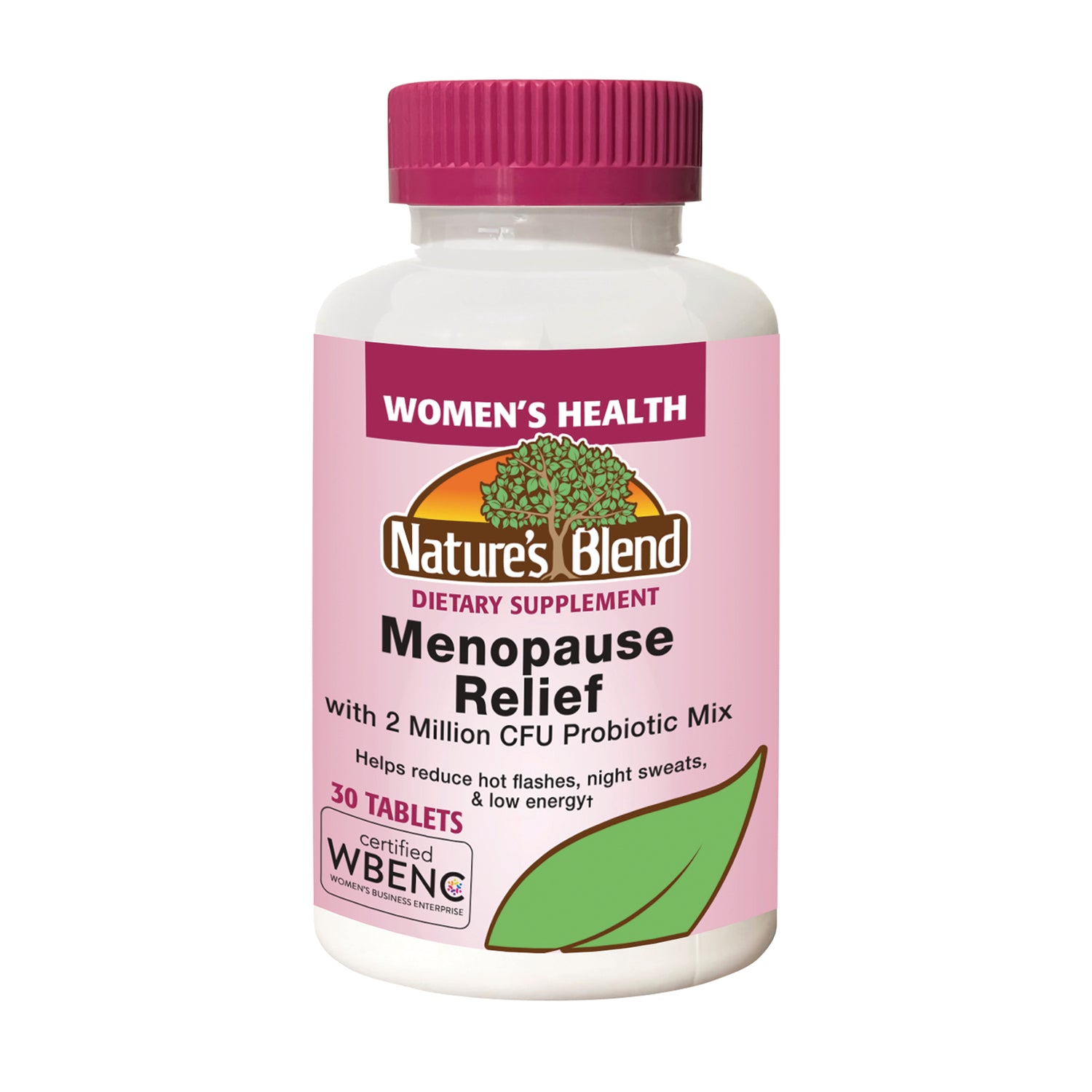 NAB136 | Nature's Blend Menopause Relief dietary supplement bottle with pink label, 30 tablets